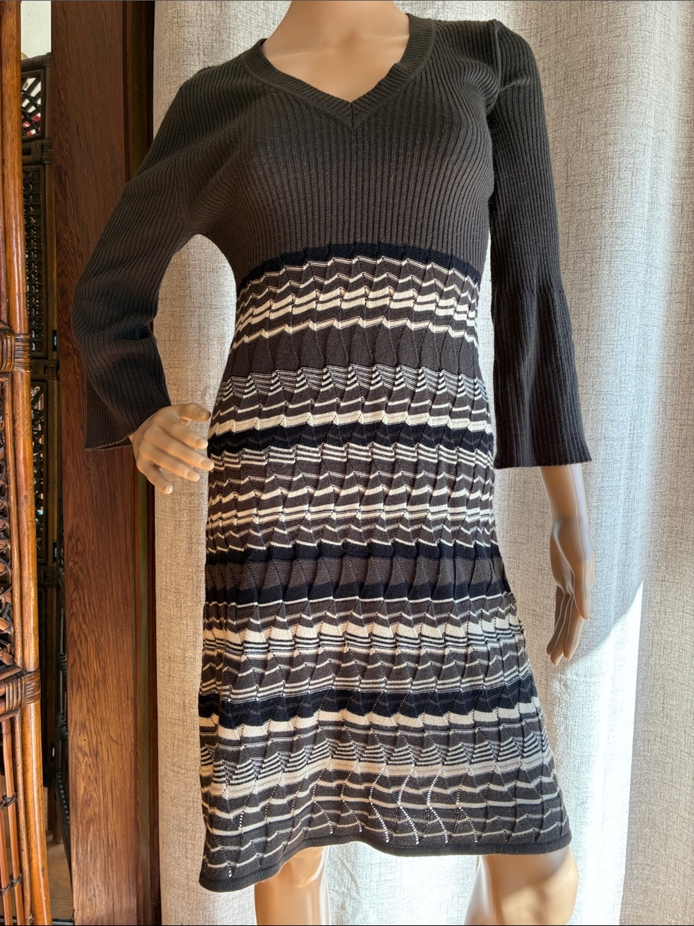 Jones Studio Brown and Cream Knit V-Neck Women's Dress